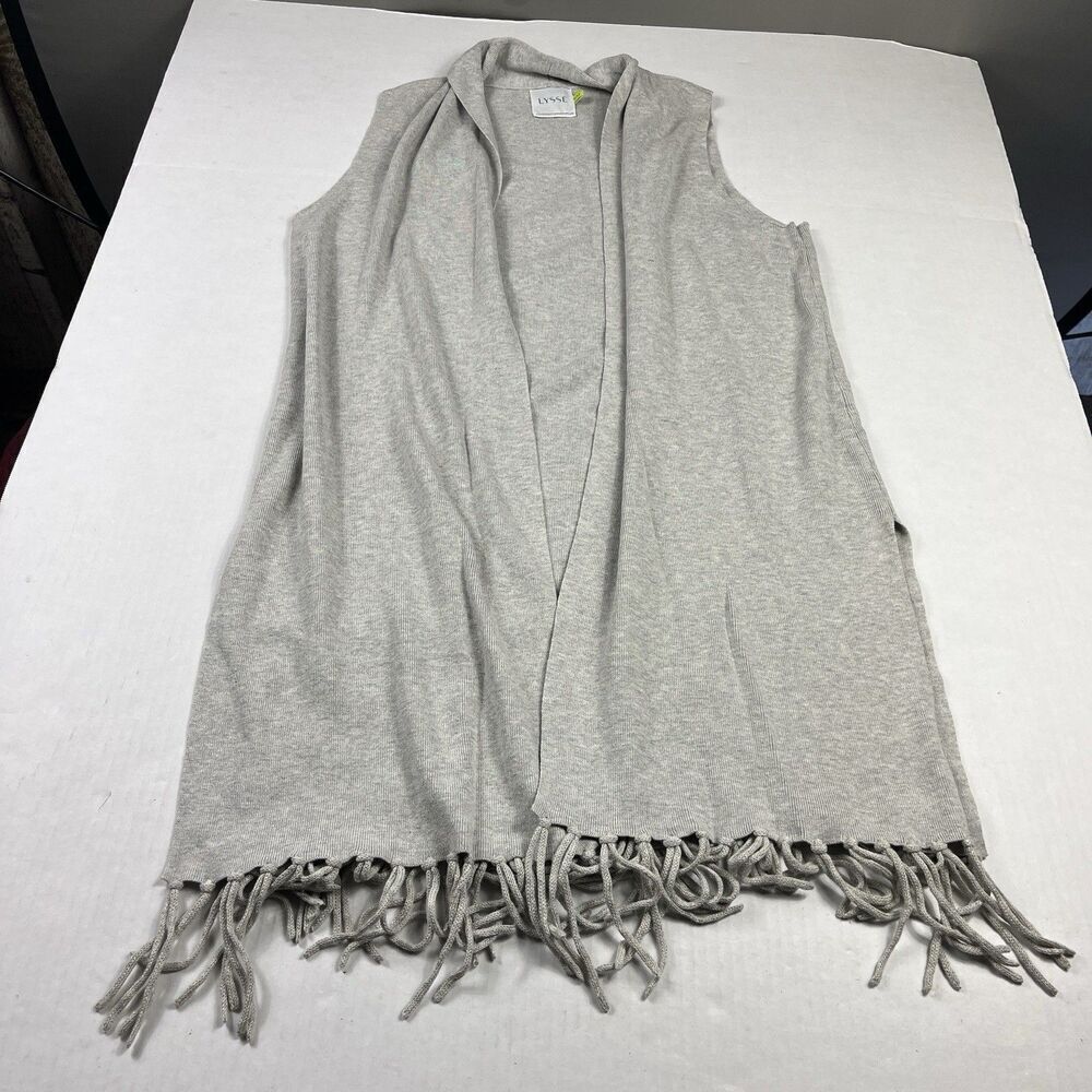 Lysse S/M Light Gray Open Cardigan Fringe Hem Sweater Draped Vest Minimalist